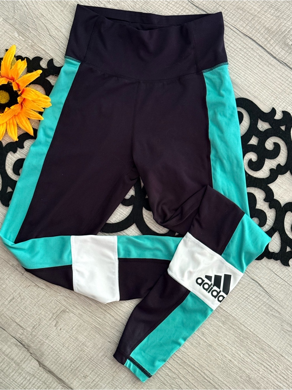 adidas Black & Teal Colorblock Performance Leggings